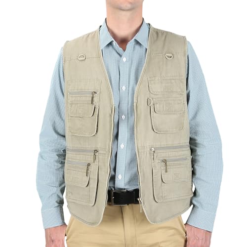 Men's Stone Washed Denim Multi-pocketed Fishing Work Outerwear Vest - color: Beige, size: Medium