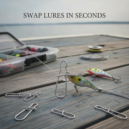 100-Pack Fishing Snap Connectors, Stainless Steel Lure Snaps for Quick Tackle Swapping, Assorted Sizes Saltwater and Freshwater Terminal Tackle Accessories - size: 2.56 x 2.17 x 0.59"