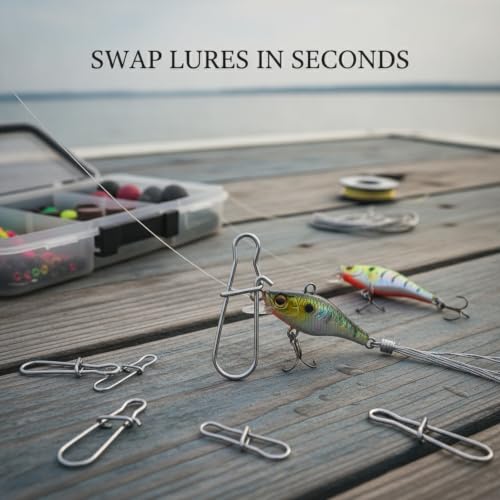 Gourd-Shape Stainless Steel Lure Snaps, Silver Finish Quick-Change Connectors for Saltwater and Freshwater Fishing Tackle (100-Pack Assorted Sizes) - size: 2.56 x 2.17 x 0.59"