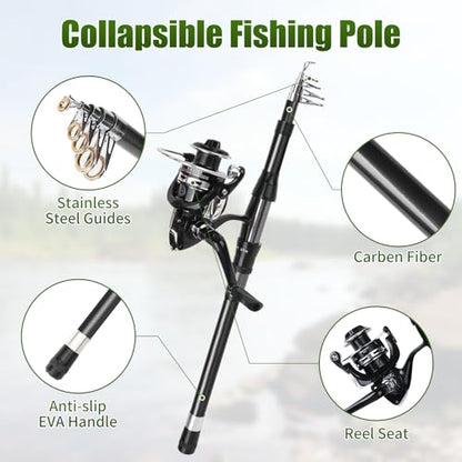 Fishing Rod Reel Combo - 2PCS 6.89ft Telescopic Fishing Poles 2PCS Spinning Reels Lures Set Fishing Pliers with Carrier Bag for Travel Saltwater Freshwater Gift Portable Fishing Pole Kit - color: Black 1