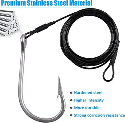 Fishing Shark Rigs Surf Fishing Stainless Steel Cable Leader Wire with Tuna Shark Hooks Saltwater Fishing Deep Sea Hooks Big Fish Shark Leader Rig - size: 8/0-2PCS