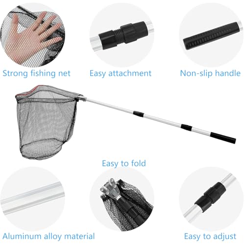 Telescopic Fishing Landing Net, Folding Fishing Nets with Telescopic Rod Handle for Fish Catch Release, Aquarium, Ponds Floating Objects, Carp Trout - color: White pole+black net