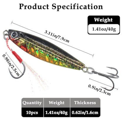Fishing Jigs Vertical Saltwater Jigs Vertical Jigging Spoon Fishing Tuna Lures Boat Fishing Artificial Lures for Tuna, Grouper, Dogtooth, Snapper, Bass, Salmon/60g, 80g,120g - color: 10pcs-multicoloured