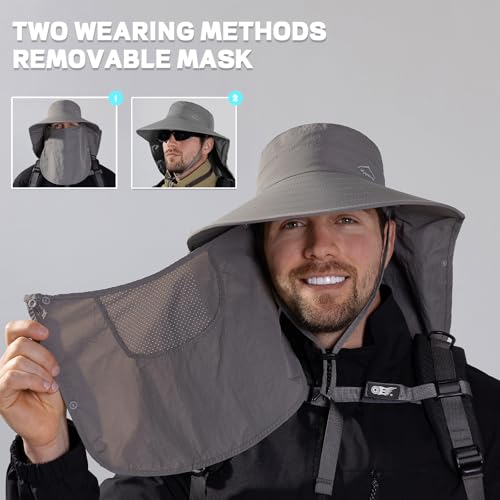 Rosoz Sun Hat for Men Women with Neck Flap,Wide Brim UPF50+ Fishing Hat with Detachable Face Cover Outdoor Sun Protection Hat - color: 1pack-dark Grey