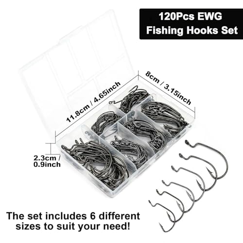 FishTrip 50/100/120pcs EWG Hooks for Bass Fishing Hooks, Extra Wide Gap Offset Worm Hook Texas Rig Fish Hooks for Bass Trout Freshwater Saltwater #4 #2 #1 1/0 2/0 3/0 4/0 5/0 - size: Mixed Set_120pcs