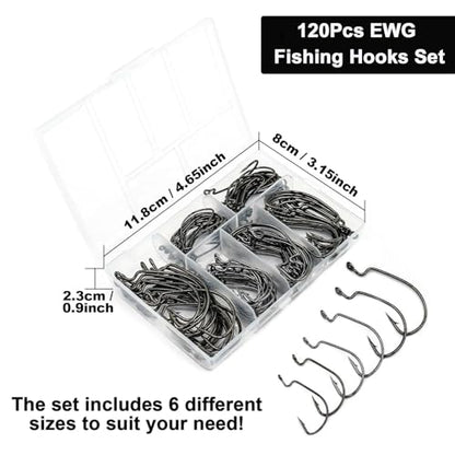 FishTrip 50/100/120pcs EWG Hooks for Bass Fishing Hooks, Extra Wide Gap Offset Worm Hook Texas Rig Fish Hooks for Bass Trout Freshwater Saltwater #4 #2 #1 1/0 2/0 3/0 4/0 5/0 - size: Mixed Set_120pcs
