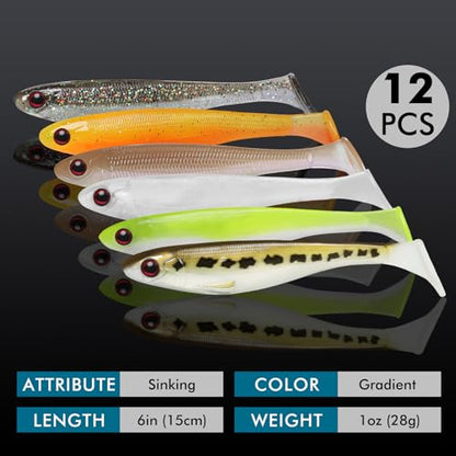 TRUSCEND Shadtale Easy Catch Soft Fishing Lures, Unique Vibration and Action for Various Rigs, Paddle Tail Swimbaits Trailer for Bass, Trout, Crappie, Walleye, Redfish, Saltwater & Freshwater Fishing - color: 6",12pcs,1oz