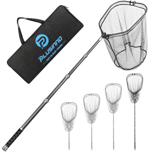 PLUSINNO Large Fishing Net, 3.4-7.7 FT Carbon Fiber Fish Net with Long Telescoping Handle, Kayak Fishing Gear Accessories Foldable Landing Net for Bass, Trout, Catfish, Fishing Gifts for Men Father - size: 7.7 FT ( 92.5") Full Length