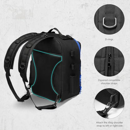 BASSDASH Convertible Fishing Backpack Sling Bag with Rod Holder, Adjustable Tactical Water-Resistant Tackle Storage Pack FP07 - color: Black/Royal Blue, size: Standard