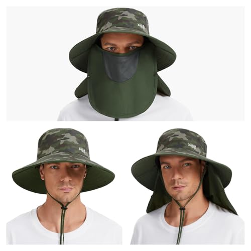 BASSDASH UPF 50+ Breathable Sun Hat with Removable Face Cover and Neck Flap Wide Brim Bucket Hat for Fishing Hiking Men Women - color: Army Green Camo/Army Green