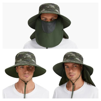 BASSDASH UPF 50+ Breathable Sun Hat with Removable Face Cover and Neck Flap Wide Brim Bucket Hat for Fishing Hiking Men Women - color: Army Green Camo/Army Green