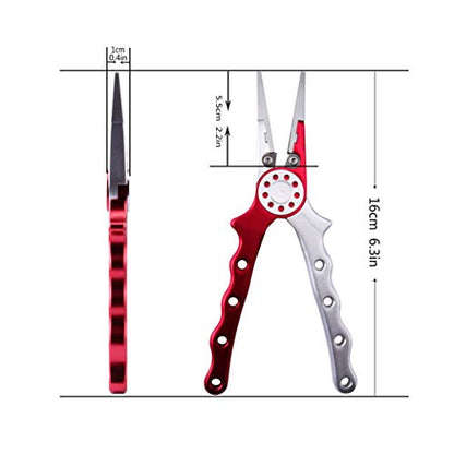 Professional Saltwater/Fresh Water Aluminum Fishing Pliers Tungsten Carbide Cutters Hook Remover with Sheath and Lanyard - color: Red