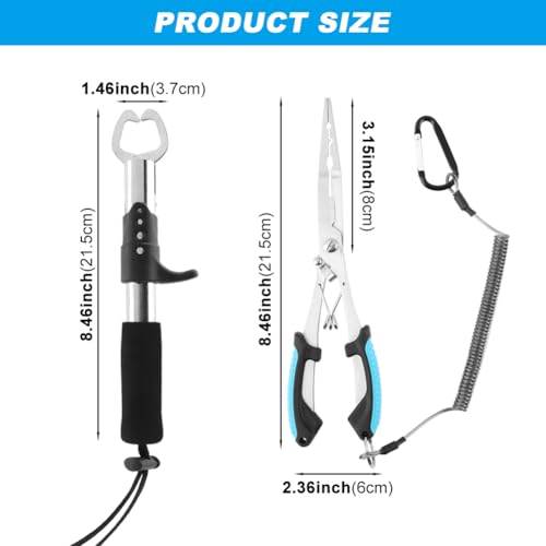 Stainless Steel Fishing Pliers and Fish Gripper Set with Sheath & Lanyard - Multifunctional Fishing Tool Kit for Saltwater Freshwater, Hook Remover, Line Cutter, Crimping - color: Blue