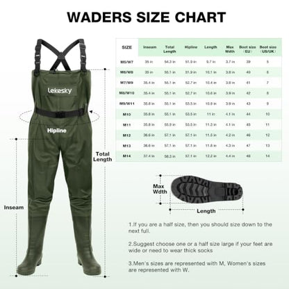 Lekesky Fly Fishing Chest Waders with Boots for Men Women, US Sizes 5–14,2-Ply Nylon/Pvc Waterproof Waders - color: Green, size: M10