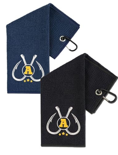 Embroidered Fishing Towels with Clip, Personalized Microfiber Towel Accessories for Fishing Lovers, 16x16 Inches, Pack of 2, Initial A - color: A