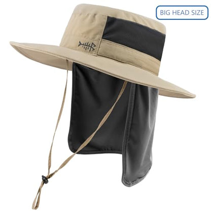 BASSDASH UPF 50+ Sun Fishing Hat Water Resistant with Detachable Neck Flap - color: Khaki - Big Head Size