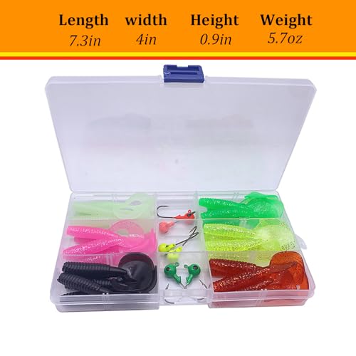 WOLFSKIN Soft Fishing Lures 36pcs Soft Plastic Baits Set Curly Tail Swimbaits with jig Head Hooks 6 Colors of Curly Tail Worms Grubs for Crap Bass Trout Walleye Freshwater Saltwater
