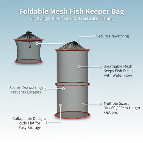Collapsible Mesh Fish Keeper Bag, Portable Polyester Net for Freshwater Fishing, Black - size: 9.84 x 9.84 x 23.62"