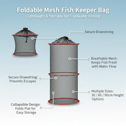 Collapsible Mesh Fish Keeper Bag, Portable Polyester Net for Freshwater Fishing, Black - size: 9.84 x 9.84 x 23.62"