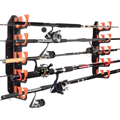 Hikeen Fishing Rod Holders, Fishing Pole Holders for Garage, Wall or Ceiling Mounted Fishing Rod Rack Holds Up to 10 Rods（1 Pack） - style: Orange-1Pack