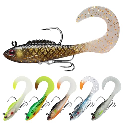 TRUSCEND Shadtale Easy Catch Soft Fishing Lures with BKK Hooks - Trembly Sinking and Vibrating Swim for More Bites, Pre-Rigged Swimbaits for Bass, Trout, Crappie, Walleye, Freshwater Saltwater Fishing - color: B1-3.5",0.5oz