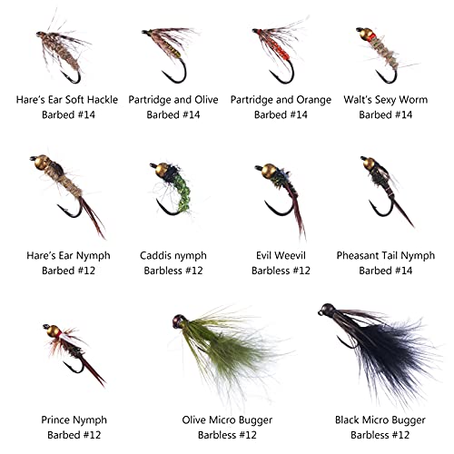 BASSDASH Fly Fishing Flies Kit Fly Assortment Trout Bass Fishing with Fly Box with Dry/Wet Flies, Nymphs, Streamers, Popper - style: 33pcs Barbed and Barbless Trout Flies