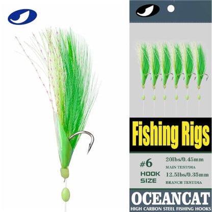 OCEAN CAT Fishing Rigs Saltwater Bait, Feather & Fish Skin 6 String Hooks Fishing Lure Tackle,Red/Green 10 Packs - size: 10#-20 packs