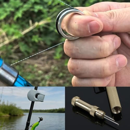 Complete Fishing Knot Tool Kit: 1 Copper Knot Tying Tool, 2 Line Puller Rings, 6 Rod Holder Clips – Fast Hook Tying and Rod Organization Set