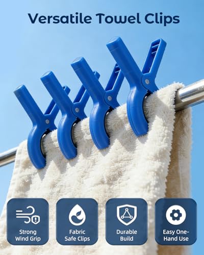 10 Pack Beach Towel Clips Heavy Duty Large Beach Essentials Chair Pool Clip | Deep Blue Clips with Strong Grip, Silicone Protection, Rust Resistant Spring, Multi-Use for Beach, Boat, Cruise & Outdoors - color: Deep Blue