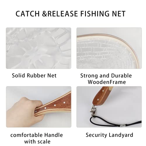 Aventik Fly Fishing Landing Net for Trout Soft Rubber Ghost Mesh Catch and Release Wooden Frame Lightweight and Tangle-Free - style: Fishtail Hand Round Head