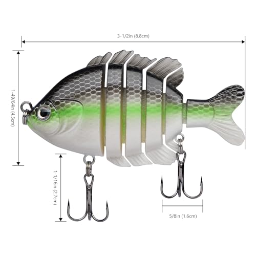 BASSDASH SwimPanfish Multi Jointed Panfish Bluegill Swimbaits Hard Topwater Bass Lures Fishing Lure Crank Saltwater 3.5in/0.85oz - color: Fluorescent White Shad