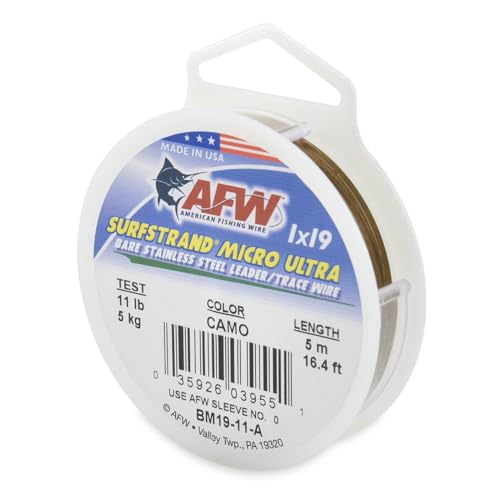 American Fishing Wire Surfstrand Micro Ultra Bare 1x19 Stainless Steel Leader Wire - Fishing Leader Line for Saltwater, 6.6lb Test - 61lb Test, Camo Color, 5m Length - style: 11 Lb / 5 M