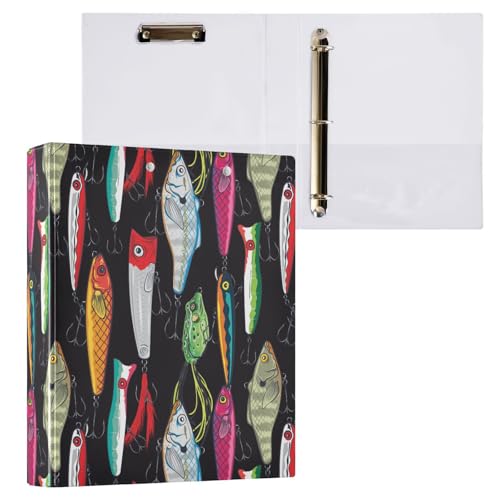 3 Ring Binder 1.5 Inch Colorful Fishing Lures Three Ring Binder Cute Binder with 3 Storage Pockets for Women School Office Supplies