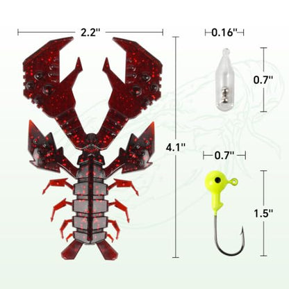 4.1" Crawfish Lure for Bass Fishing, Soft Plastic Craw Bait Kit with Removable Rattles & Jig Head, Reusable Bait Box for Freshwater Bass - color: red
