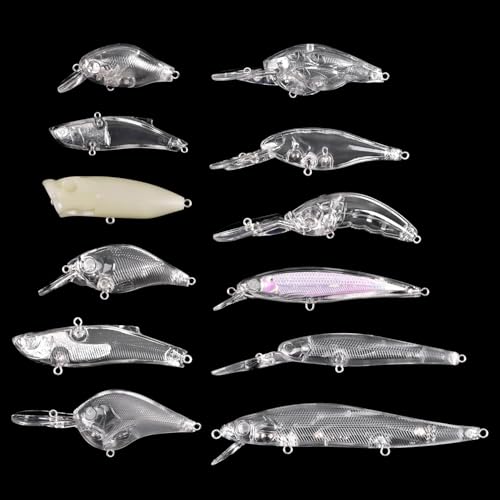 Unpainted Fishing Lures Making Kit DIY Blank Lures Crankbaits Minnow Jerkbait Hard Bait Set with Treble Hooks, Split Rings, Lure Eyes, Lure Stickers Lure Making Supplies Make Your Own Fishing Lures - style: 12pcs Lures Kit