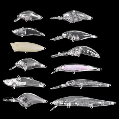 Unpainted Fishing Lures Making Kit DIY Blank Lures Crankbaits Minnow Jerkbait Hard Bait Set with Treble Hooks, Split Rings, Lure Eyes, Lure Stickers Lure Making Supplies Make Your Own Fishing Lures - style: 12pcs Lures Kit