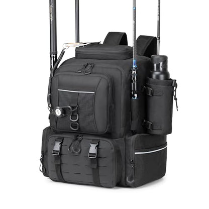 WANOON 45L Fishing Backpack | Waterproof, Insulated Bait Pocket, 4 Rod Holders, Easy-to-Clean Cooler Liner - color: Black, size: 45L-Without Tackle Boxes