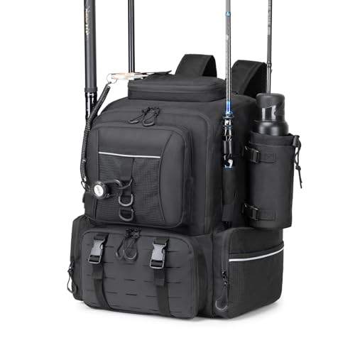 WANOON 45L Fishing Backpack | Waterproof, Insulated Bait Pocket, 4 Rod Holders, Easy-to-Clean Cooler Liner - color: Black, size: 45L-Without Tackle Boxes