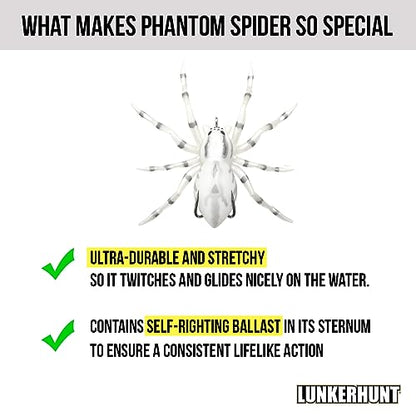 LUNKERHUNT Phantom Spider Lure for Bass Fishing (2.5 Inch) | Topwater Spider Fishing Lure with Natural Walking Action | Soft Hollow Body Weedless Hooks for Trout and Pike - color: White Wolf
