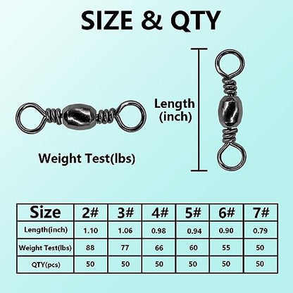 Fishing Barrel Swivels Kit, 300pcs Stainless Steel Rolling Bearing Snap Connector for Saltwater Freshwater Fishing#2#3#4#5#6#7 - style: B Style: 6 Sizes - 300pcs