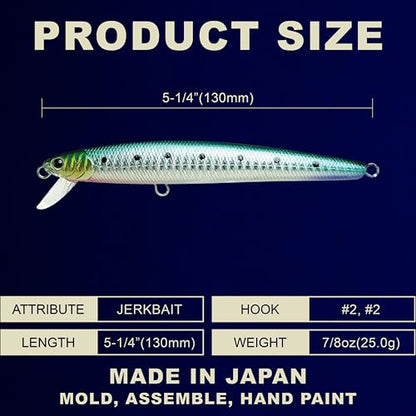 LUCKY CRAFT FlashMinnow 130MRS Saltwater Fishing Lures, Jerkbait for Halibut and Bass Fish, Slow Sinking 2-4ft, Surf Fishing Gear and Tackle Box Accessories - color: 614 Pacific Sardine