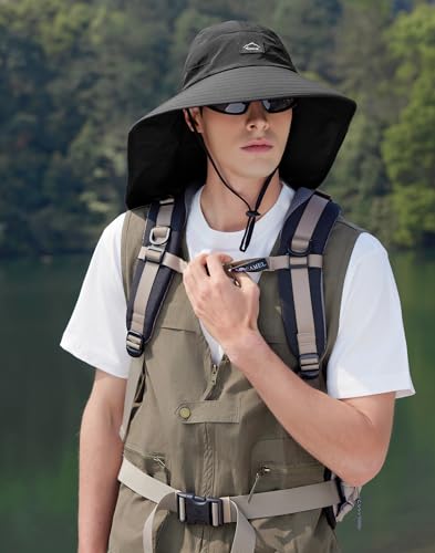 HUAMULAN Men Summer Sun Hat Women Safari Wide Brim Fishing Hats UV Protection Neck Flap Bucket Gardening Hiking Hunting Cap - color: Black With Black Mesh