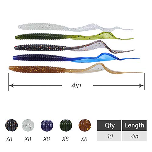 RUNCL Anchor Box - Paddle Tail Swimbaits, Soft Jerk Baits, 20/40/50/60pcs Soft Fishing Lures, Curved Tail Grubs - 3D Lifelike Eyes, Split/Boot/Curved/Straight/Thin Tail - 1/2/3/4/5in, Proven Colors - color: X - Curved Tail Grubs (4in, 40pcs)