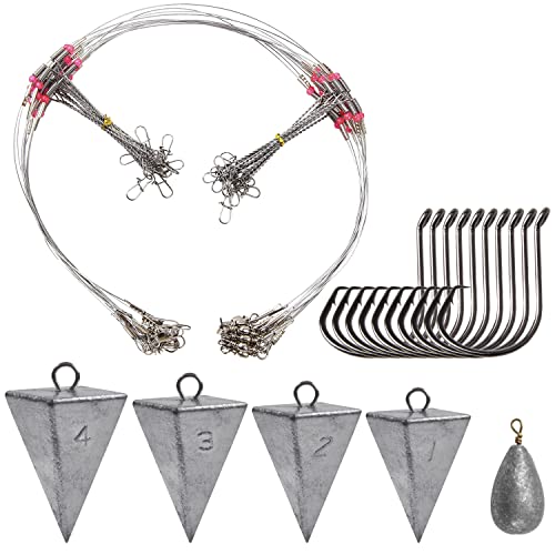 Saltwater Surf Fishing Tackle Kit - Saltwater Surf Fishing Rigs Bottom Rigs Include Fishing Leader Rigs Pyramid Sinkers Bass Casting Sinker Circle Hooks for Striped Bass Red Drum Flounder - color: Steel
