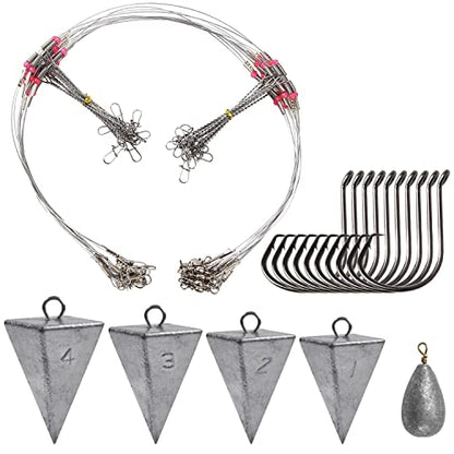 Saltwater Surf Fishing Tackle Kit - Saltwater Surf Fishing Rigs Bottom Rigs Include Fishing Leader Rigs Pyramid Sinkers Bass Casting Sinker Circle Hooks for Striped Bass Red Drum Flounder - color: Steel