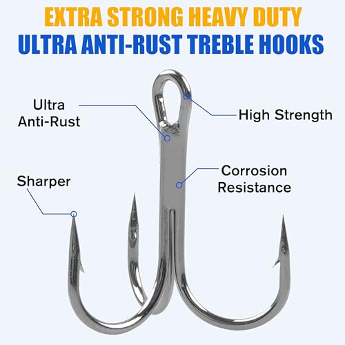 OROOTL Treble Fishing Hooks, 60pcs High Carbon Steel Treble Hooks with Ultra Sharp Barb Corrosion-Resistant Round Bend Triple Hooks for Lures Freshwater Saltwater - size: Size 14#, Pack of 60