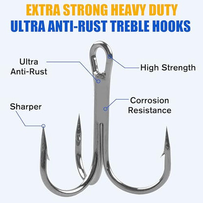 OROOTL Treble Fishing Hooks, 60pcs High Carbon Steel Treble Hooks with Ultra Sharp Barb Corrosion-Resistant Round Bend Triple Hooks for Lures Freshwater Saltwater - size: Size 10#, Pack of 60