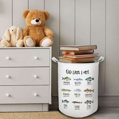 God Says I Am Fish Laundry Basket, Toybox for Boys Room, Christian Laundry Basket Hamper Waterproof Collapsible Clothes Toys Storage Bin Organizer for Bedroom Bathroom Kids Room Dorm