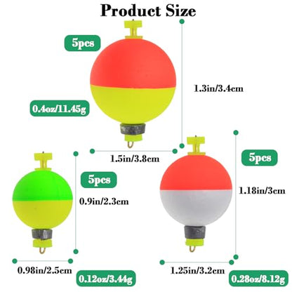 Fishing Bobber Slip Bobbers for Fishing 15 Pcs Foam Snap Weighted Floats Set Bobbers Fishing Tackle Accessories Fishing Supplies - color: E-Weighted Colorful-15pcs