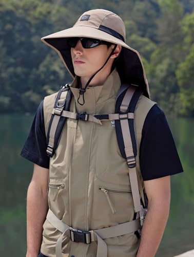 HUAMULAN Men Summer Sun Hat Women Safari Wide Brim Fishing Hats UV Protection Neck Flap Bucket Gardening Hiking Hunting Cap - color: Khaki With Black Mesh